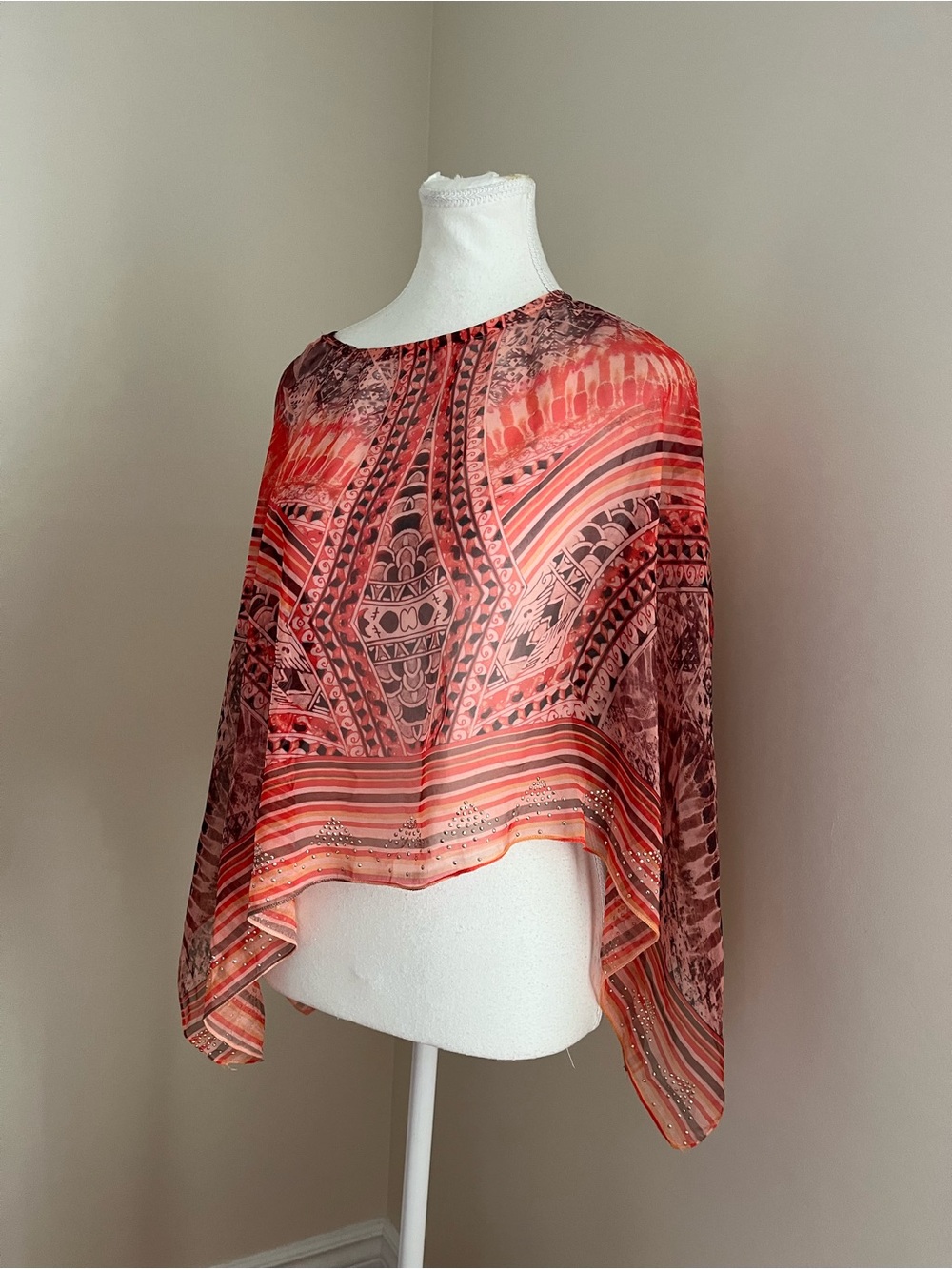 Style & Co. Coral and Brown Patterned Sheer Top